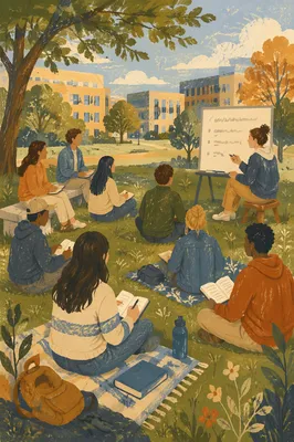 College Students Discussing on Campus Lawn
