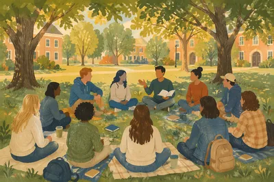 Students Sitting in Campus Lawn Circle