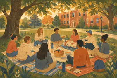 Students Gathering on Campus Lawn