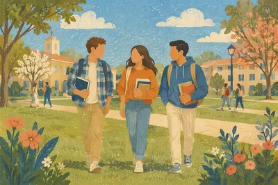Three College Students Walking on Campus Lawn