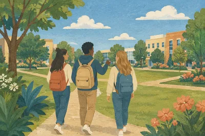 College Students Walking Across Campus Lawn