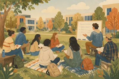 College Students Discussing on Campus Lawn