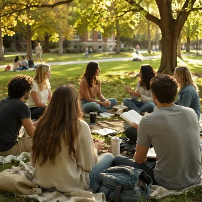 College Students Sitting on Campus Lawn