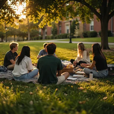 College Students Gathering on Campus Lawn