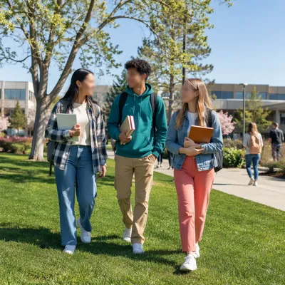Three College Students Walking on Campus
