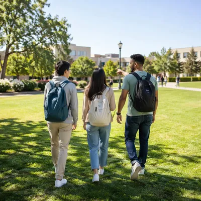 College Students Walking Across Campus Lawn