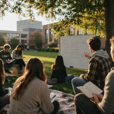 College Students Discussing on Campus Lawn