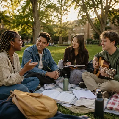 College Students Relaxing on Campus Lawn