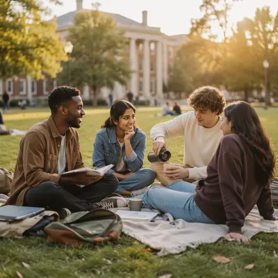 College Students Gathering on Campus Lawn