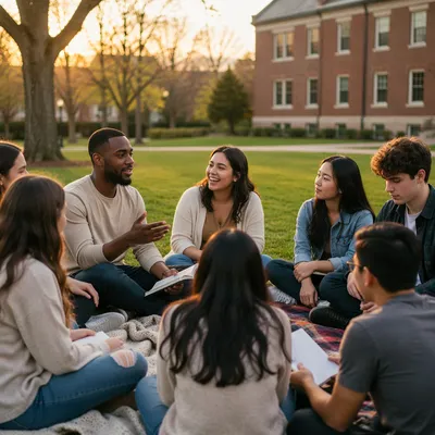 College Students Gathering on Campus Lawn