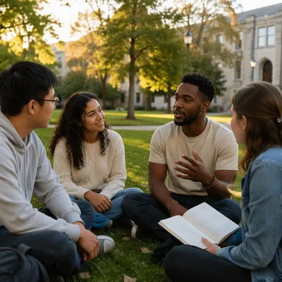 College Students Sitting on Campus Lawn