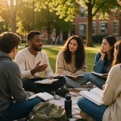 College Students Gathering on Sunny Campus Lawn