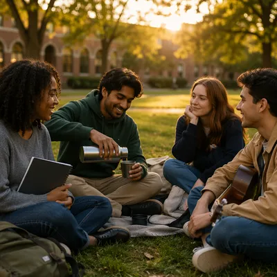 College Friends Gathering on Campus Lawn
