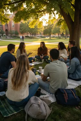 Students Sitting in Campus Lawn Circle