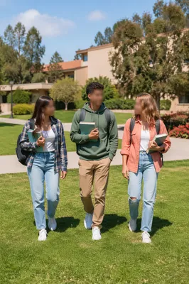 Three College Students Walking Across Campus Lawn