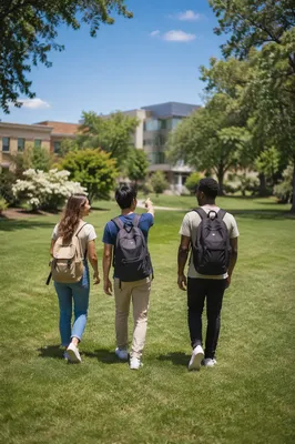 College Students Walking Across Campus Lawn