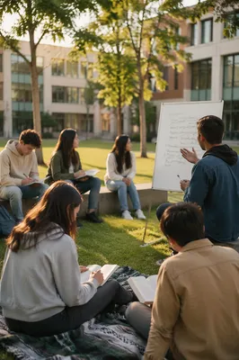 College Students Discussing on Campus Lawn