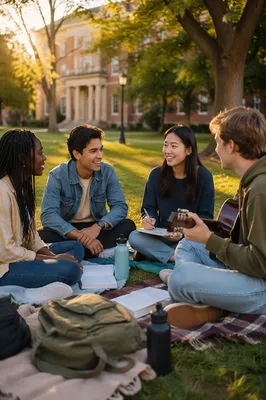 College Students Relaxing on Campus Lawn