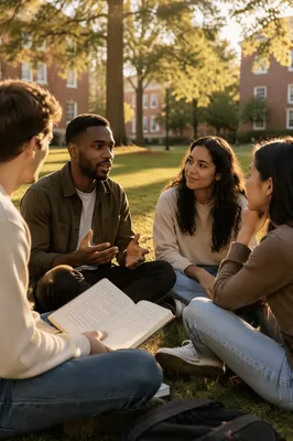 College Students Talking on Campus Lawn
