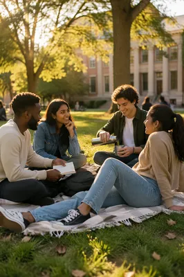 College Students Gathering on Campus Lawn