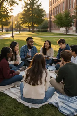 College Students Sitting on Campus Lawn
