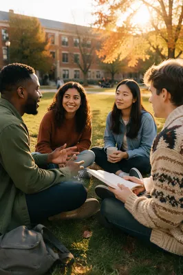 College Students Sitting on Campus Lawn