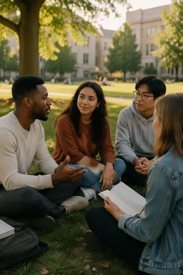 Diverse College Students Sitting on Campus Lawn