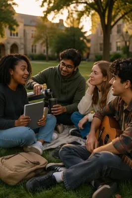 College Students Relaxing on Campus Lawn