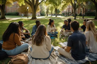 Students Sitting in Campus Lawn Circle
