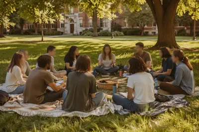 College Students Gathered on Sunny Lawn