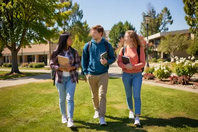 Three College Students Walking on Campus Lawn