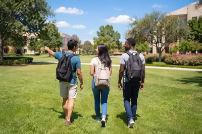 College Students Walking Across Campus Lawn
