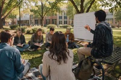 College Students Meeting on Campus Lawn