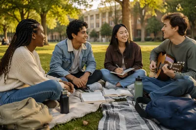 College Students Relaxing on Campus Lawn