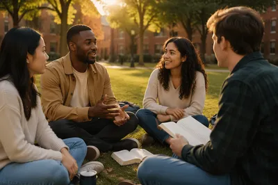 College Students Talking on Campus Lawn