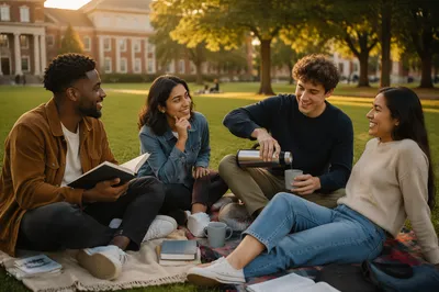 College Students Gathering on Campus Lawn