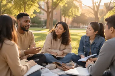 College Students Talking on Sunny Lawn