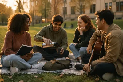 College Students Relaxing on Campus Lawn