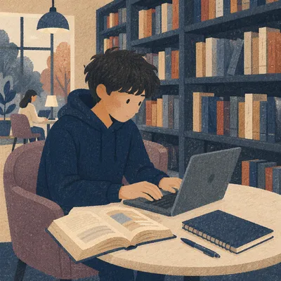 College Student Studying in Quiet Library