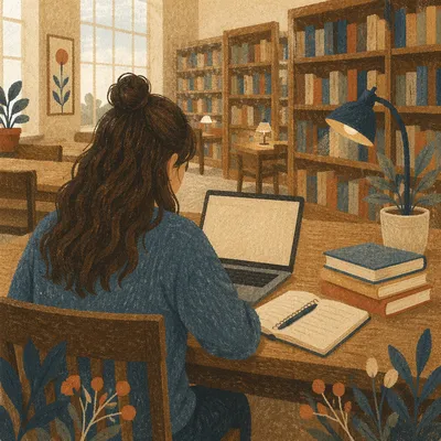 College Student Studying in Library Quietly