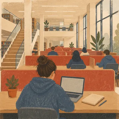 College Student Studying in Modern Library