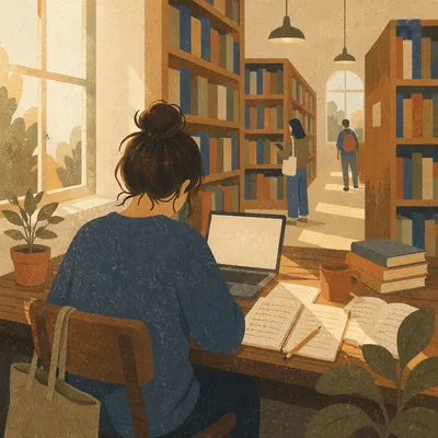 College Student Studying in Quiet Library
