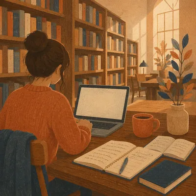 College Student Studying in Quiet Library