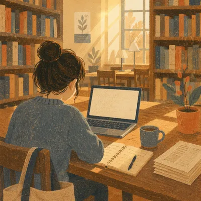 Focused College Student Studying in Library