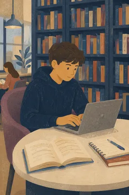 College Student Studying in Quiet Library