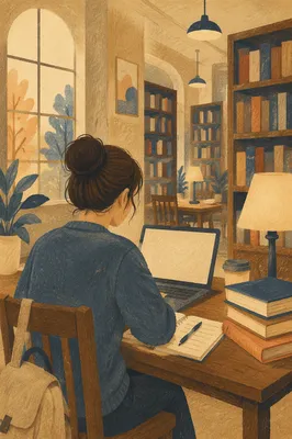 Focused College Student Studying in Library