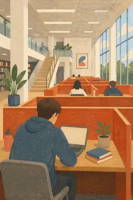 College Student Studying in Modern Library