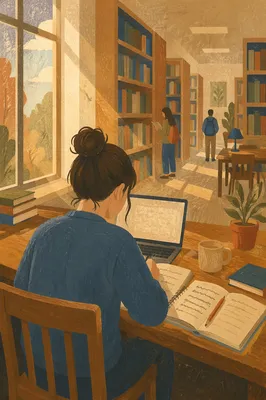 Focused College Student in Quiet Library