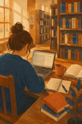 College Student Studying in Quiet Library