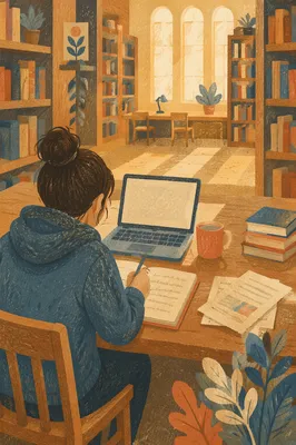 College Student Studying in Quiet Library
